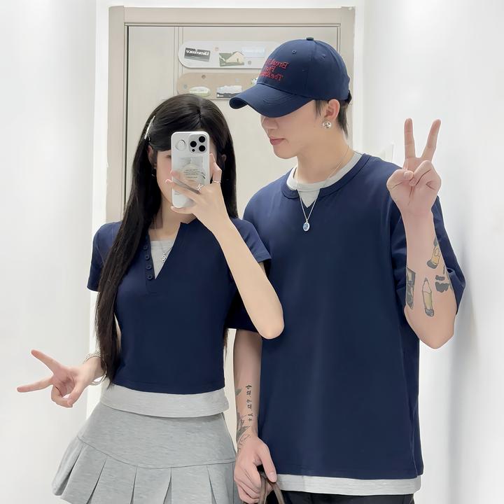 情侣装2025新款美式假两件v领短袖T恤女夏季设计感小众显瘦上衣潮
