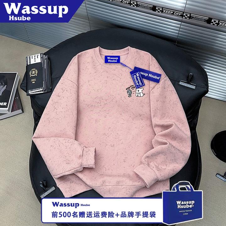 WASSUP HSUBE美式流行秋冬长袖圆领潮流风扇狗狗宽松印花情侣上衣