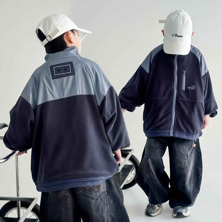 男童中大童秋冬款拼色摇粒绒外套时尚新款立领外套潮酷百搭上衣