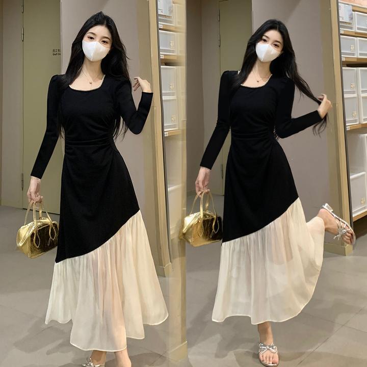 胖MM大方领法式复古显瘦长款流苏拼接设计感气质连衣裙子