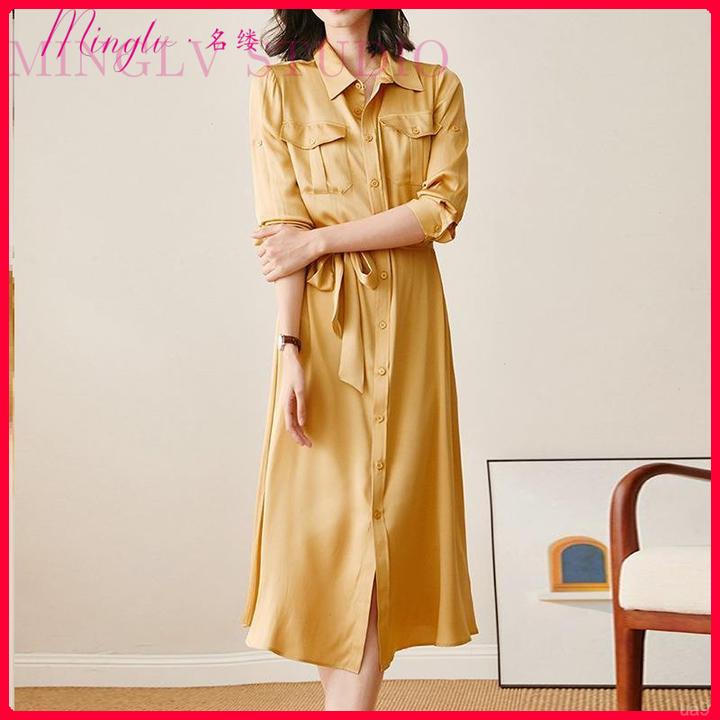 2025秋季新款衬衫连衣裙女复古收腰高档中长裙干练翻领柔美a字裙