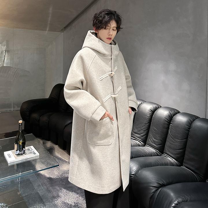 冬季男长款连帽牛角扣呢子风衣潮加厚宽松毛呢大衣
