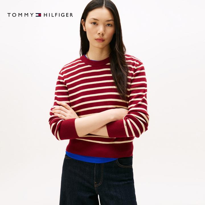 Tommy25新款秋冬女装纯棉优雅通勤条纹圆领内搭打底针织衫05957