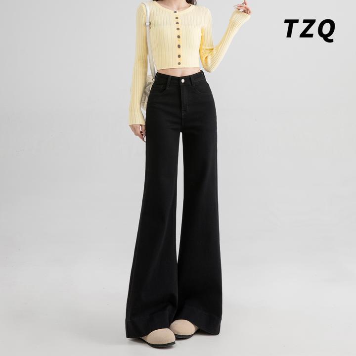 黑色百搭不贴腿微喇加绒牛仔裤女2024美式高腰拖地长裤 TZQ110811