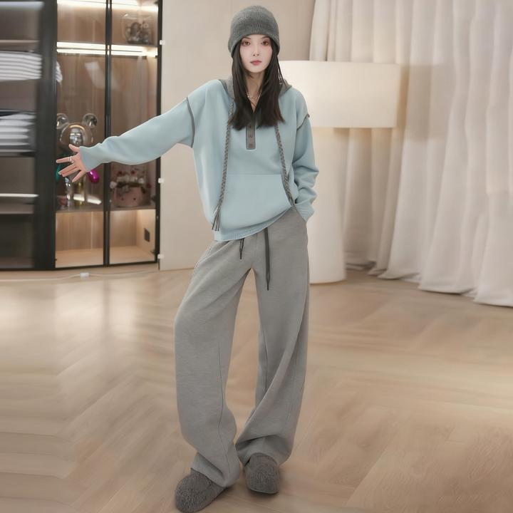 时尚休闲运动套装女秋季新款简约撞色连帽麻花卫衣阔长腿裤两件套