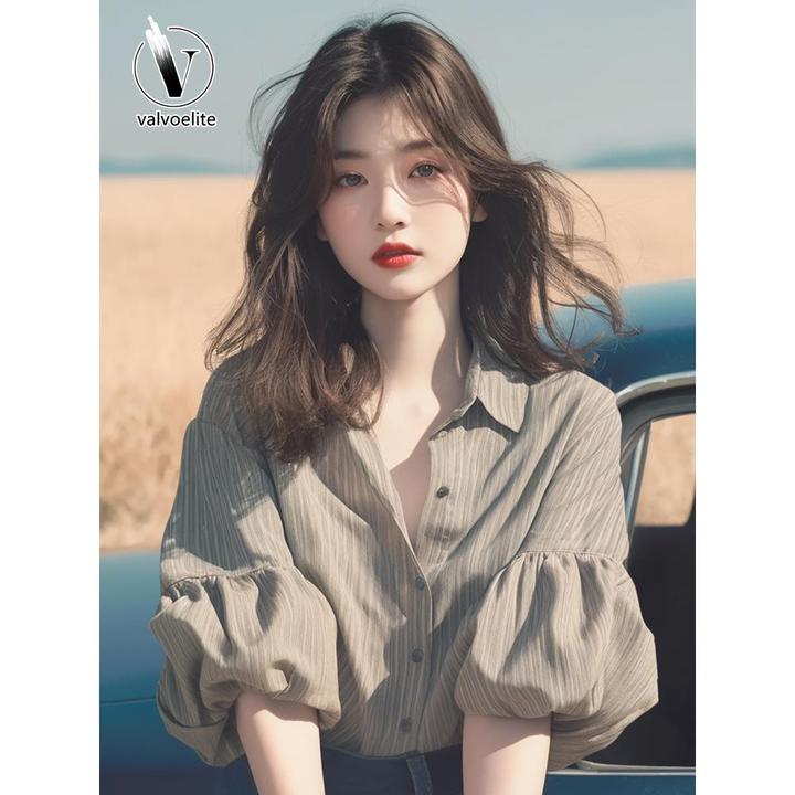 VALVOELITE甜辣妹条纹泡泡袖衬衫女小众夏季独特别致宽松半袖上衣