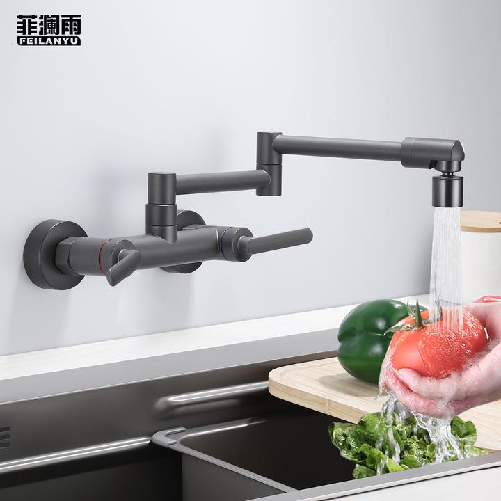 厨房洗菜盆黄铜双孔双把入墙式冷热水龙头加长折叠洗碗阳台洗衣池