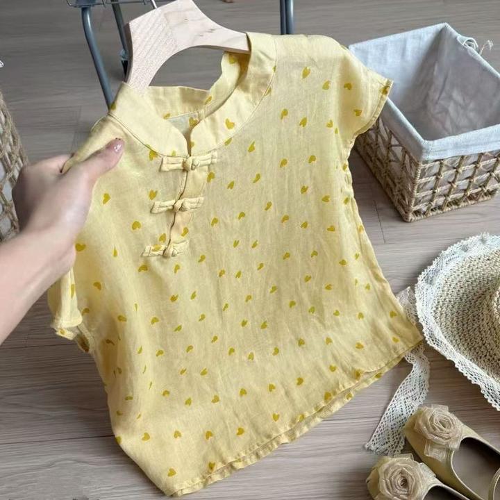 大码新中式黄色爱心印花短袖衬衫女2025夏季新款宽松国风盘扣上衣