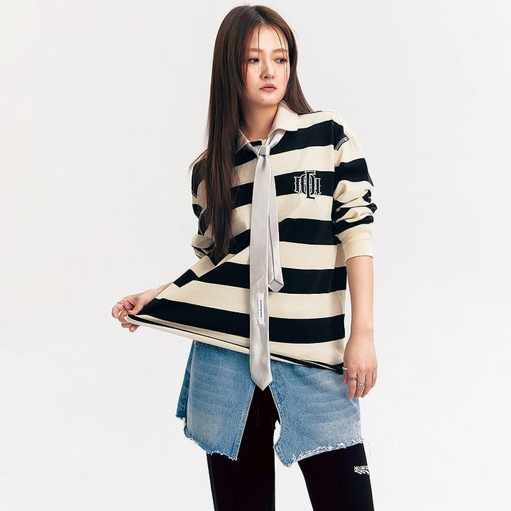 NO ONE ELSE美式复古女装夏季字母刺绣翻领长袖上衣学院风条纹T恤