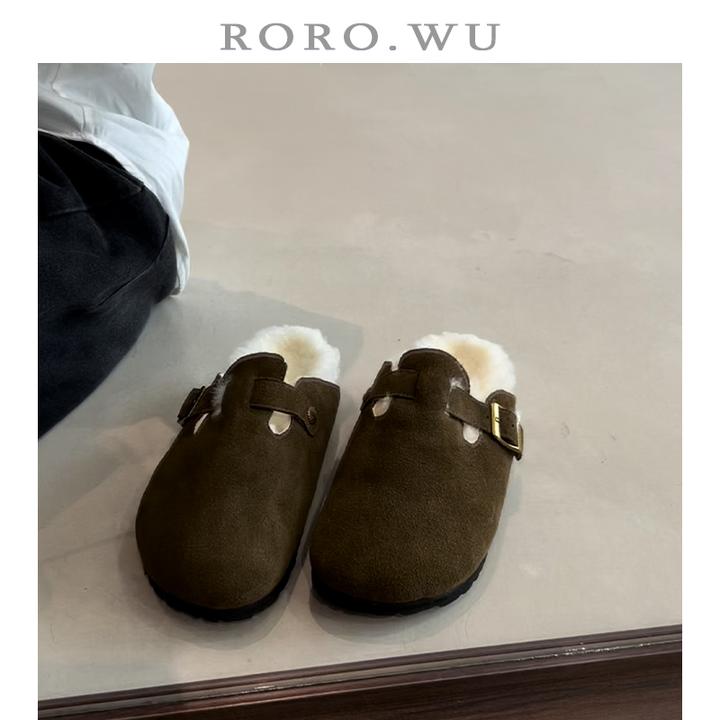 娆娆吴·头层牛翻皮百搭皮带扣加绒毛毛鞋秋冬新款半包勃肯鞋女E34