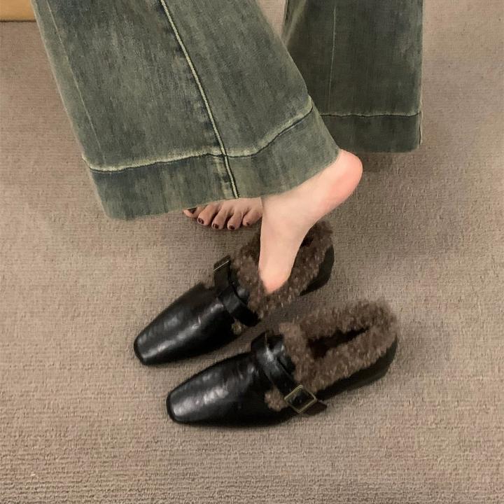 粗跟复古乐福单鞋女鞋子2025新款秋冬季加绒毛毛鞋小皮鞋保暖棉鞋