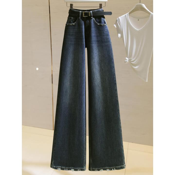 culv美式阔腿牛仔裤女高腰2025秋季新款复古弹力显瘦直筒拖地裤子