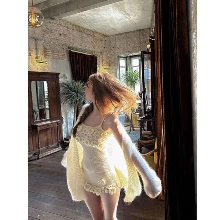 杏色慵懒风宽松开衫毛衣外套女显瘦薄款针织上衣吊带连衣裙子套装