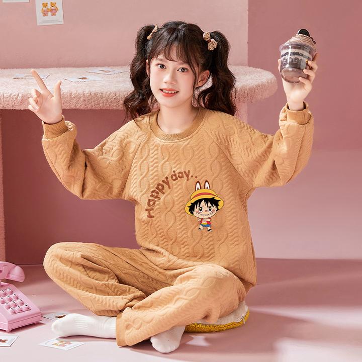 女童睡衣儿童秋冬季夹层棉保暖套装初中生空气棉亲子家居服可外穿