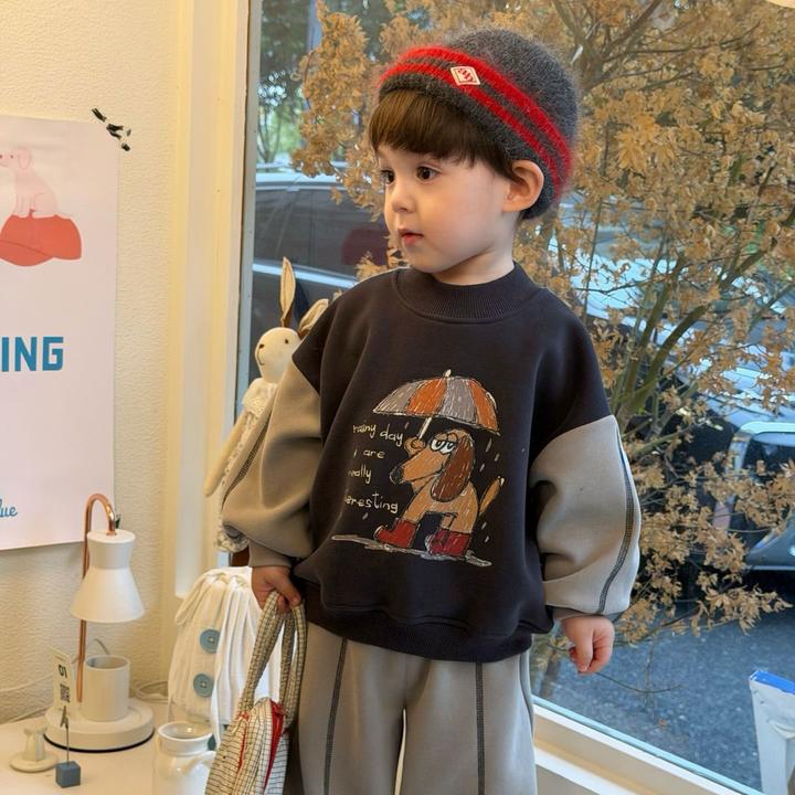 男童秋冬套装儿童2025新款加绒保暖拼色卫衣女宝宝卡通运动卫裤厚