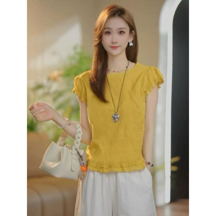 法式木耳边圆领短袖衬衫女夏2025新款大码胖MM设计感宽松减龄上衣