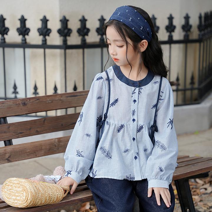 80792女童法式刺绣条纹泡泡袖女宝宝长袖衬衫儿童秋装宽松上衣女