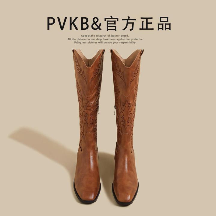 靴子女款爆款2025新款洋气女棕色刺绣v口高跟单靴小个子骑士长靴