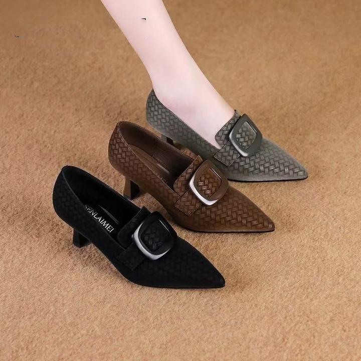 方扣深口单鞋子女2025年秋季新款尖头细跟高跟鞋编织大码鞋子百搭