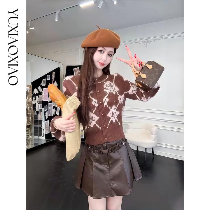 余潇潇【玫瑰可露丽】时尚绵羊毛羊驼毛混纺提花小波浪圆领羊毛开衫