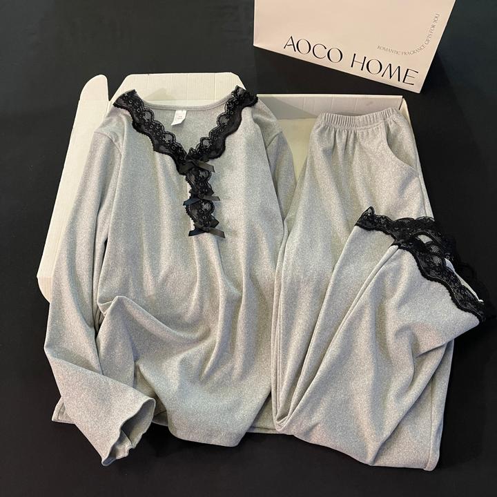 睡衣女春秋季长袖大码德绒2025新款恒温保暖灰色套装可外穿家居服