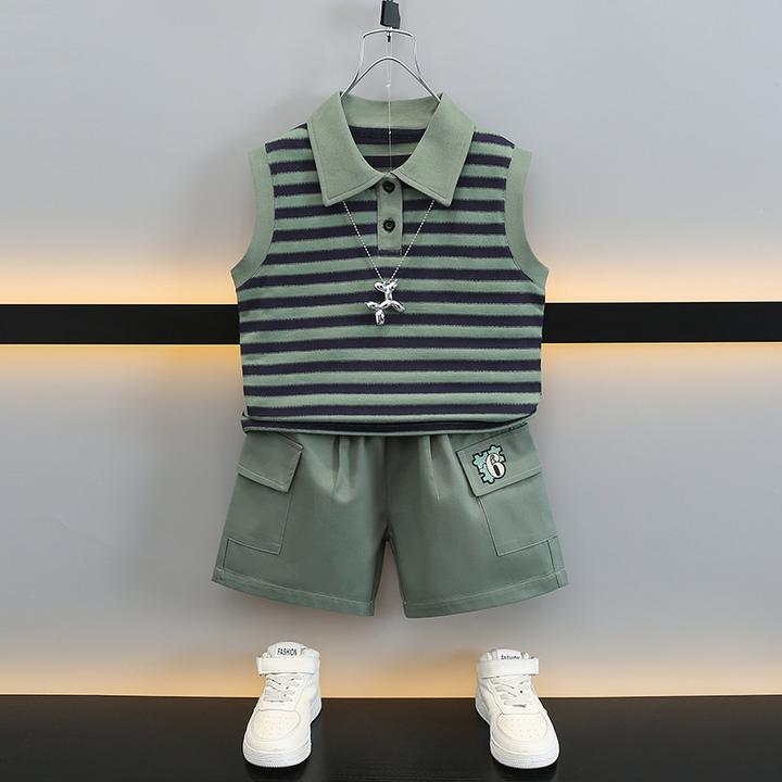 男宝儿童夏季无袖Polo衫套装新款痞帅夏装条纹背心短裤两件套童装