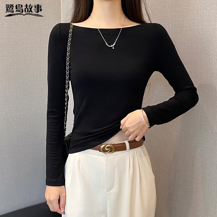 鹭岛故事黑色一字肩长袖t恤女春秋修身打底衫百搭显瘦露肩上衣潮