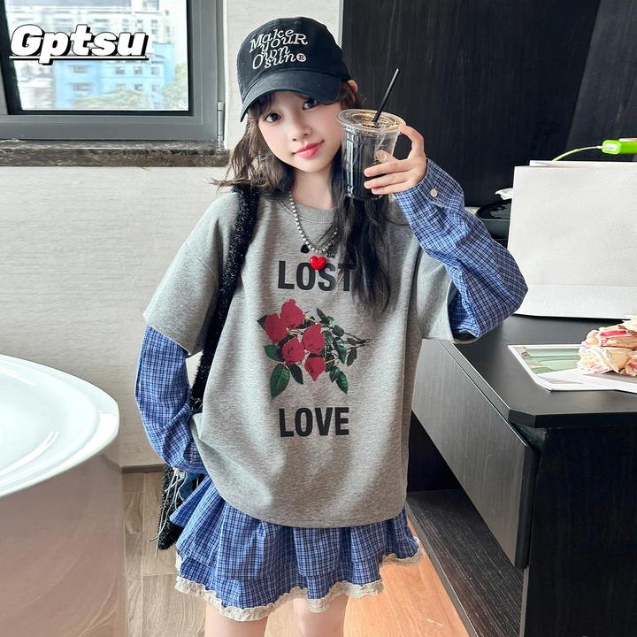GPTSu女童假两件格子裙卫衣2025款春秋洋派大童韩系穿搭印花上衣