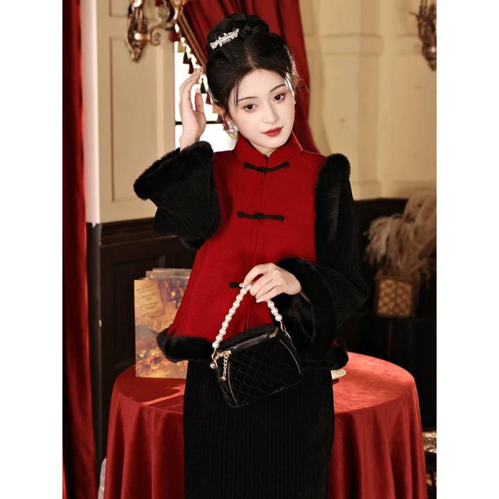 Vintage旗袍套装秋冬季加绒厚过年战袍女成人拜年 唐装国风马甲袄