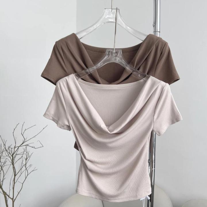 莫代尔辣妹荡领亲肤收腰多穿短上衣斜肩短袖修身褶皱T恤女冰丝ins