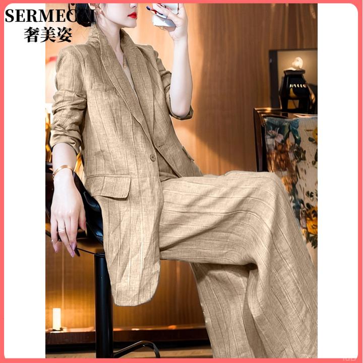 新款高端欧货大版宽松2025年春卡其色竖条纹西装阔腿裤两件套装女