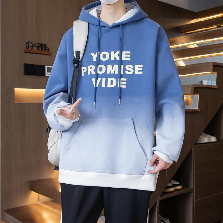 青少年渐变连帽卫衣春秋款休闲潮牌套头上衣加绒加厚宽松潮流套装