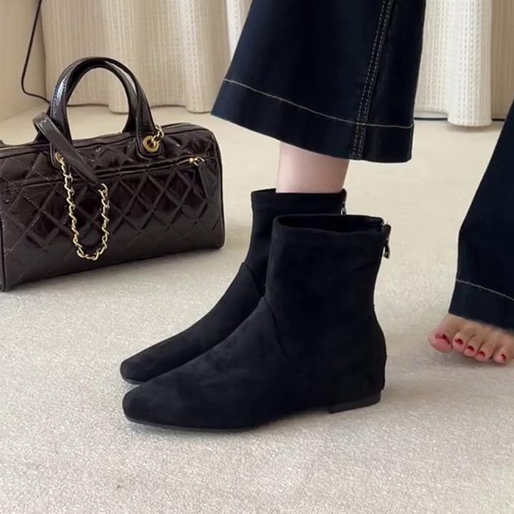 羊皮版~复古绒面内增高短筒靴通勤后拉链气质瘦瘦靴女百搭小裸靴