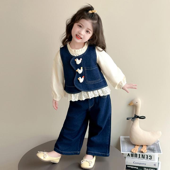 女童秋装2025新款儿童春秋款鸭子女宝宝牛仔套装秋季韩系穿搭早秋