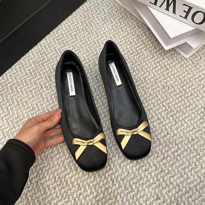 增高5cm方头蝴蝶结法式休闲风单鞋低跟浅口轻奢鞋子女ins潮牌百搭