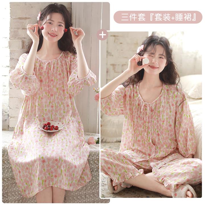 『七分袖奶油小花』带胸垫竹棉纱月子服夏季薄款七分袖待产后哺乳衣