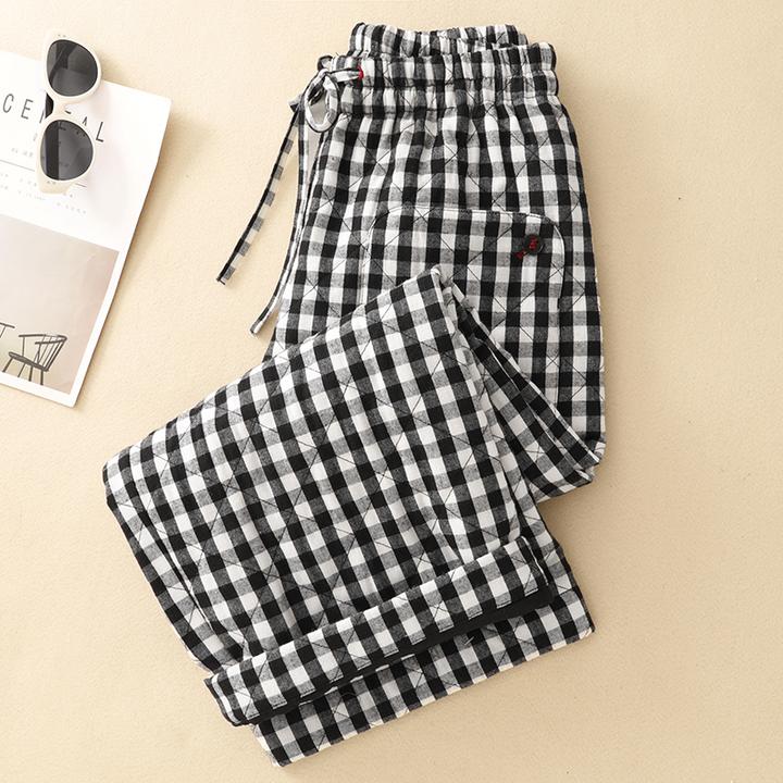 2025冬季新款黑白格加厚松紧腰系带棉裤宽松休闲夹棉保暖阔腿裤女