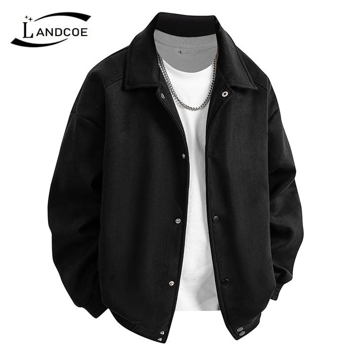 潮流时尚纯色翻领秋季青年男士百搭休闲宽松美式帅气工装夹克外套