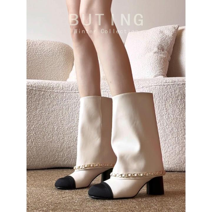 羊皮版~秋冬覆古风拼色骑士靴女2025小香风气质粗跟中筒靴裤管靴