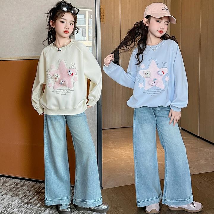 女童春装卫衣套装2025新款洋气中大儿童装春秋款女孩牛仔裤两件套