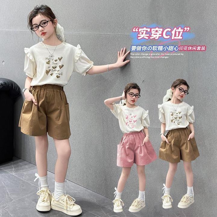 女童夏装套装中大童洋气夏季短袖儿童短裤两件套2025新款甜美女孩