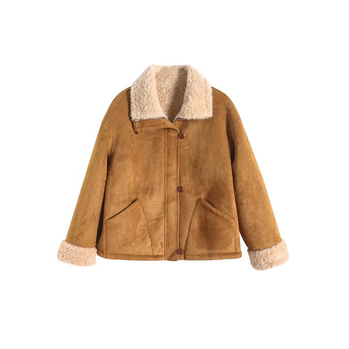 2025冬季新款100%羊毛翻领麂皮绒外套女时尚加厚保暖双面穿-SCF