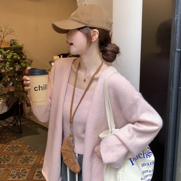 2025年秋冬韩系净色甜美减龄宽松百搭毛衣背心上衣+开衫两件套女