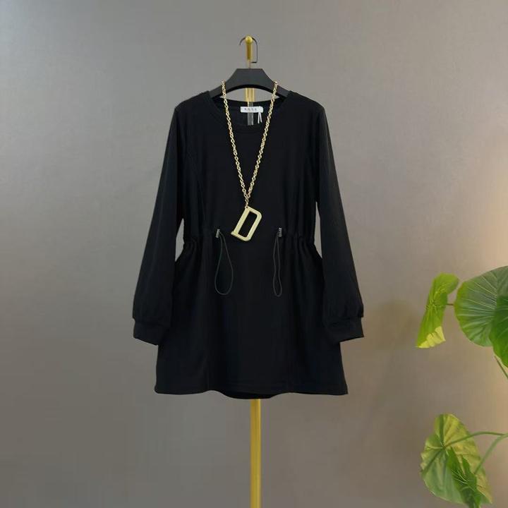 中长款套头抽绳卫衣百搭秋冬女装气质棉质收腰大码显瘦大衫