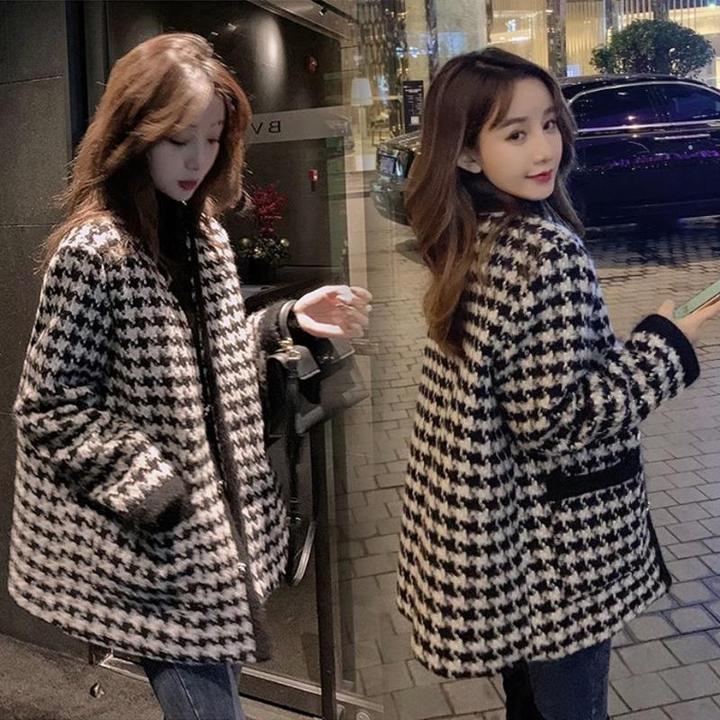 淳启秋冬小香风千鸟格外套女新款大码女装韩版宽松显瘦呢子大衣潮