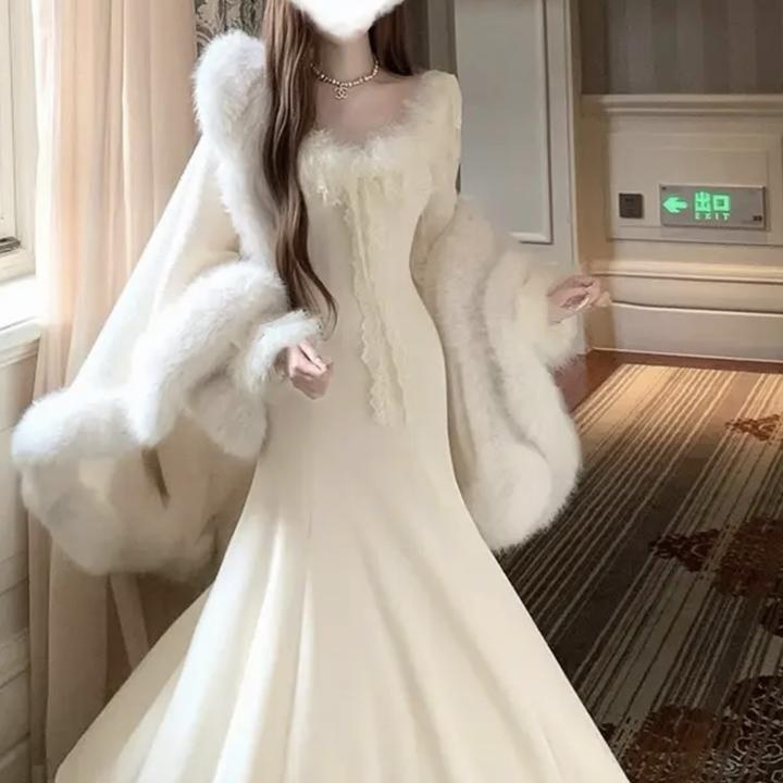 秋冬加绒雪绒莓莓气质蕾丝花边毛绒针织显瘦气质连衣裙