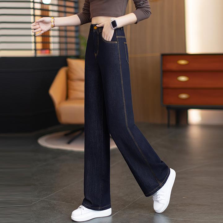 纯棉丹宁蓝窄版阔腿牛仔裤女2025新款秋季高腰显瘦垂感休闲直筒裤