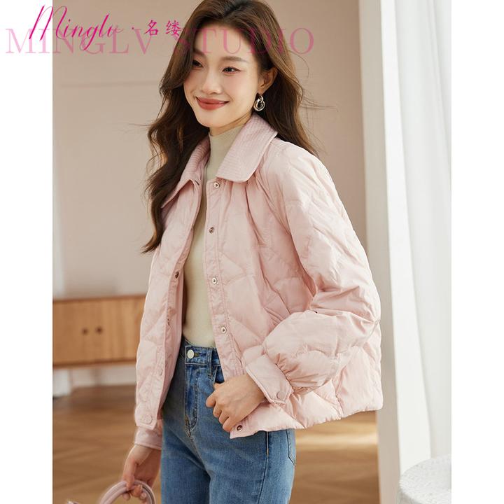名缕黑色短款轻薄羽绒服女2025冬季粉色洋气菱格高品质保暖外套