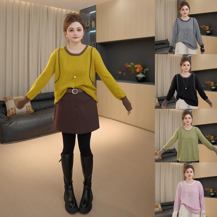 【胖佳佳】现货~自由诗 圆领撞色针织衫秋季百搭长袖上衣H625Y15035