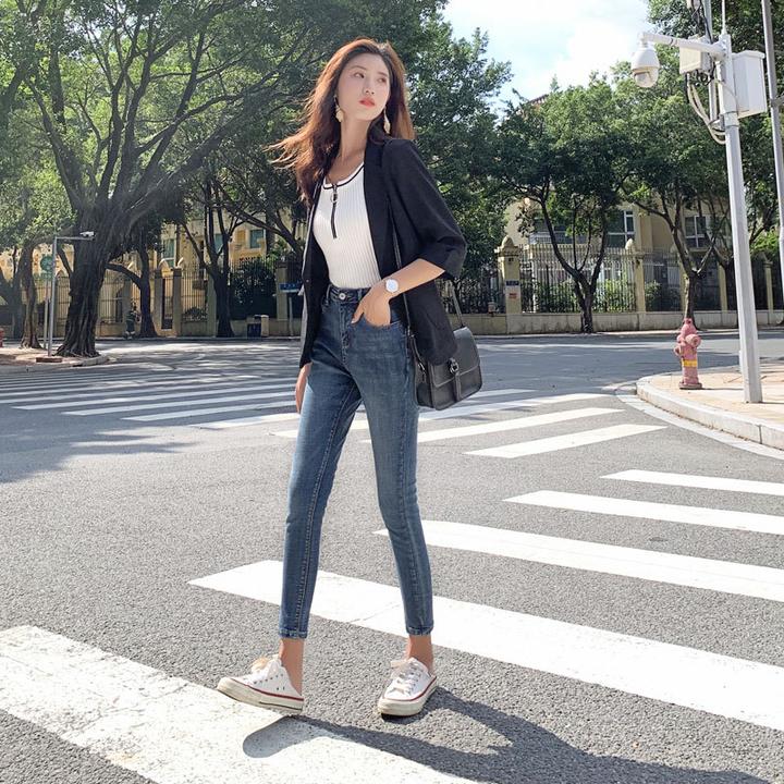 高腰牛仔裤女2024秋冬新款韩版百搭八分小个子紧身显瘦九分小脚裤